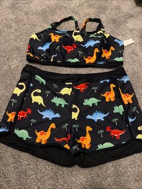 Women’s Black Dino Print Swim Top and Swim Shorts Set